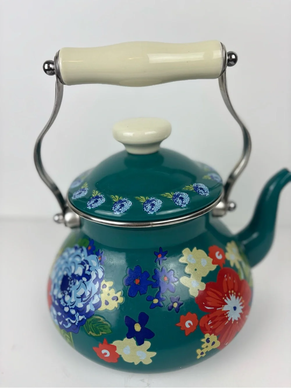 Pioneer Woman Teal Floral Enamel Tea Kettle-EUC-RARE color!
